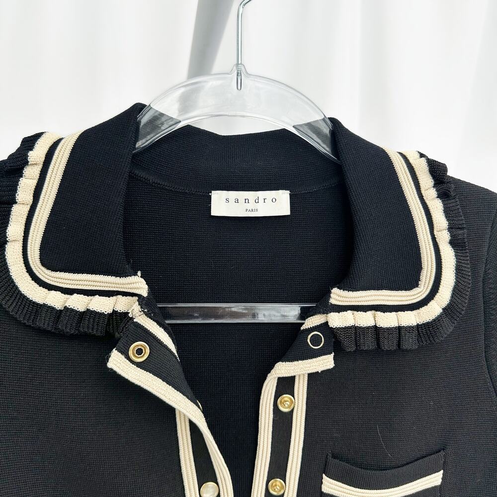 Sandro Black Short-Sleeve Mini Dress with Cream Trim - Picture 6 of 7